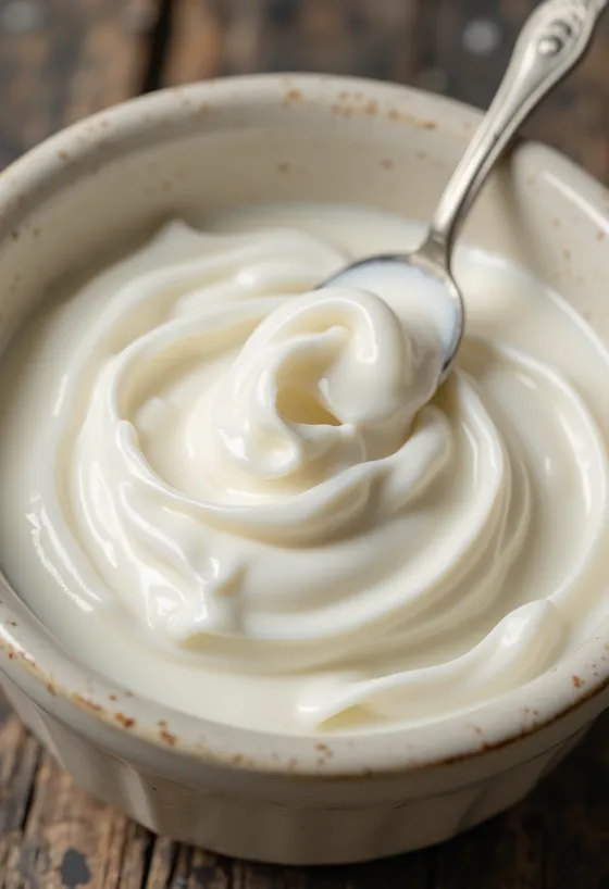 Kremowa, biała śmietana w małej ceramicznej miseczce, fotorealistyczne otoczenie kuchenne