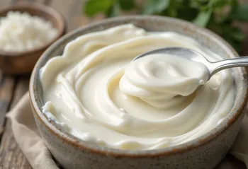 Kremowa, biała śmietana w małej ceramicznej miseczce, fotorealistyczne otoczenie kuchenne