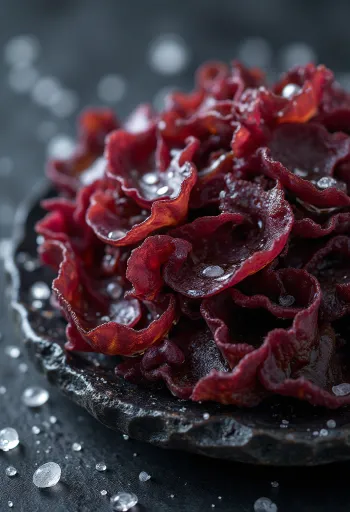 Suszone glony dulse o wyraźnej teksturze i naturalnych kolorach