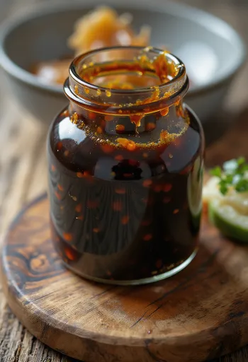 Błyszczący, ciemnobrązowy sos teriyaki w ceramicznej miseczce, obok sos sojowy, mirin, sake i brązowy cukier w małych miseczkach