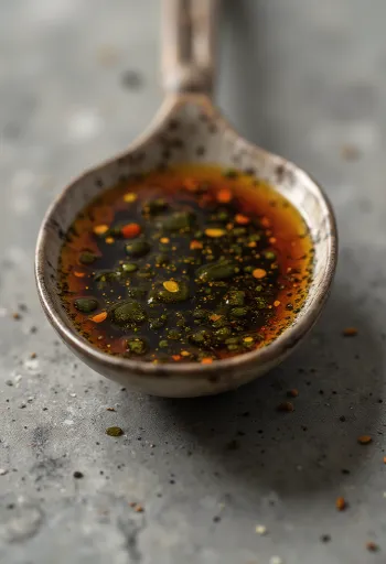 Olej z pestek dyni w ciemnej butelce i miseczce na jasnym tle