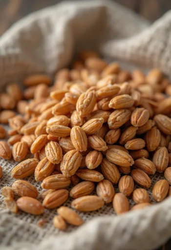 Ziarna orkiszu w rustykalnej misce ceramicznej, rozsypane na drewnianej powierzchni