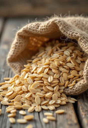 Oczyszczone ziarna owsa w małym worku i rozsypane na drewnianej powierzchni