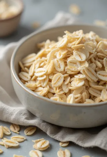 Surowe płatki owsiane w ceramicznej misce, rozsypane na drewnianej powierzchni