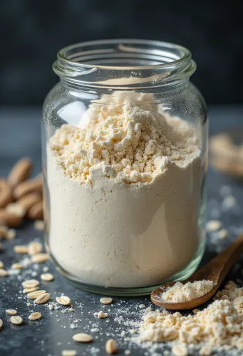 Drobna mąka owsiana w ceramicznej misce, rozsypana na drewnianej powierzchni