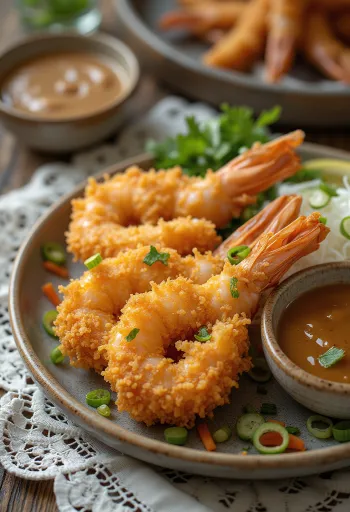 Ebi Fry z sosem curry, chrupiące krewetki z sosem curry, podawane ze świeżymi przyprawami