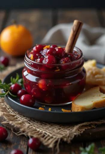 Chutney jagodowy z cynamonem i pomarańczą w słoiku, podany z serami i pieczonymi mięsami