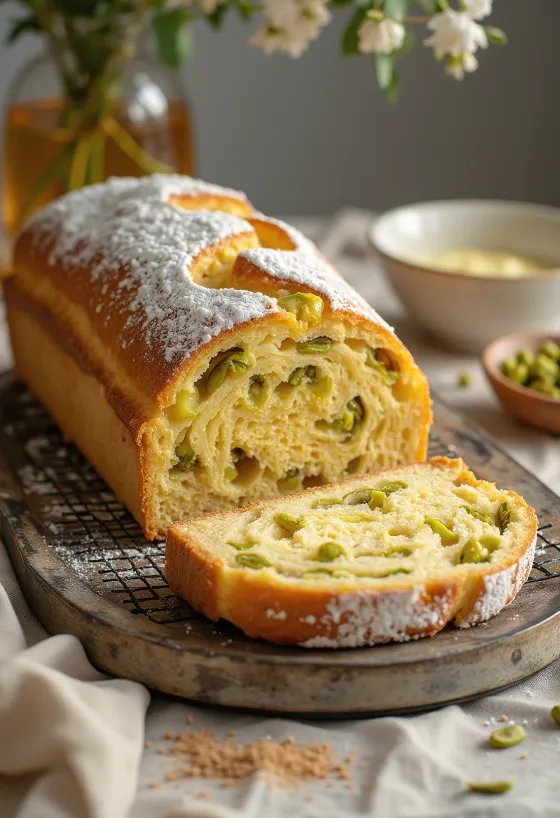 Stollen miodowo-pistacjowy pokrojony w plastry, posypany cukrem pudrem