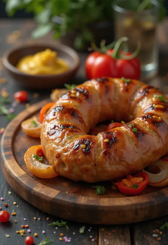 Pieczona kiełbasa upieczona na złoty kolor, z chrupiącą skórką i podana ze świeżymi ziołami