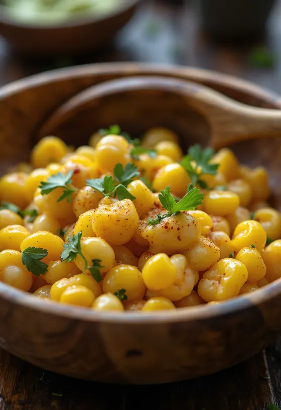 Esquites z majonezem, świeża kukurydza, podana z kolendrą i limonką