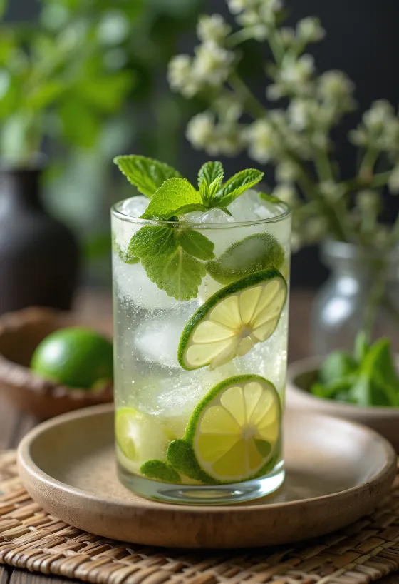 Wysoka szklanka z Mojito, wypełniona lodem, limonką i miętą, zroszona kroplami wody