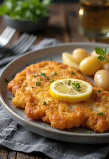 Pork schnitzel z ziemniakami, chrupiąca wieprzowina i maślane ziemniaki