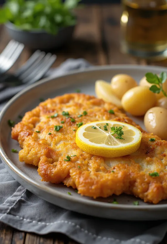 Pork schnitzel z ziemniakami, chrupiąca wieprzowina i maślane ziemniaki