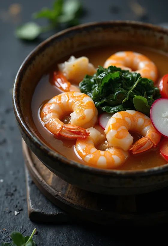 Sinigang z krewetkami podane, kwaśna zupa ze świeżymi warzywami i krewetkami.