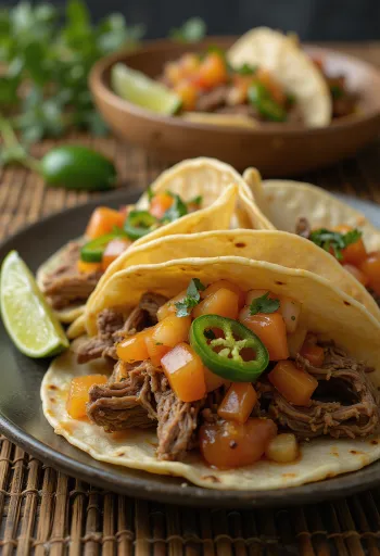Tacos z wołowiną i sosem z gujawy podane na talerzu