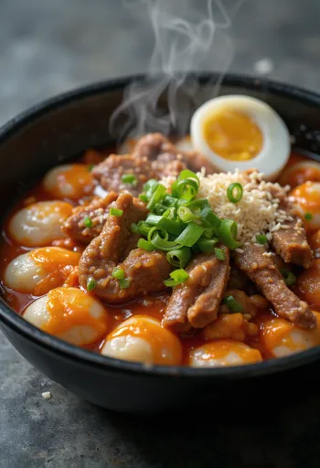 Tteokbokki z galbi, koreańskie kluseczki ryżowe w pikantnym sosie, z jajkiem i kimchi