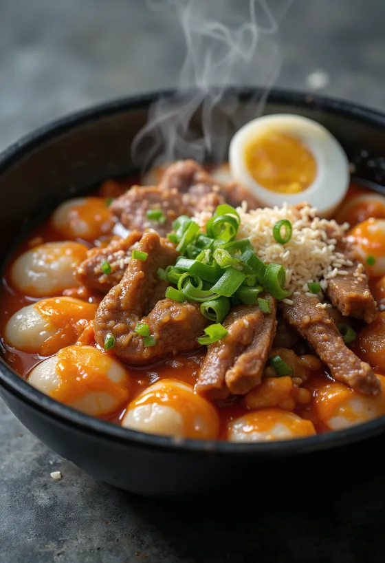 Tteokbokki z galbi, koreańskie kluseczki ryżowe w pikantnym sosie, z jajkiem i kimchi