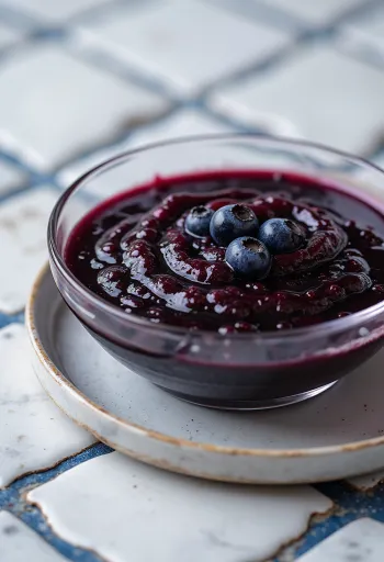 Sos borówkowy z chili i octem balsamicznym w miseczce, udekorowany świeżymi borówkami i plasterkami chili.