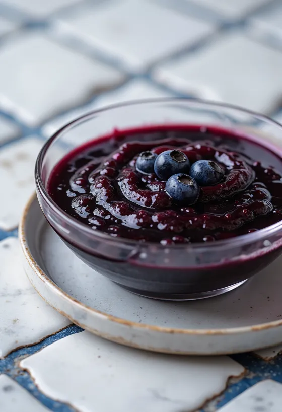 Sos borówkowy z chili i octem balsamicznym w miseczce, udekorowany świeżymi borówkami i plasterkami chili.