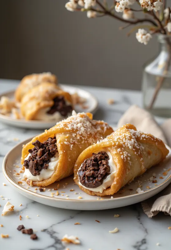 Cannoli z ciemną czekoladą i kokosem podane na talerzu