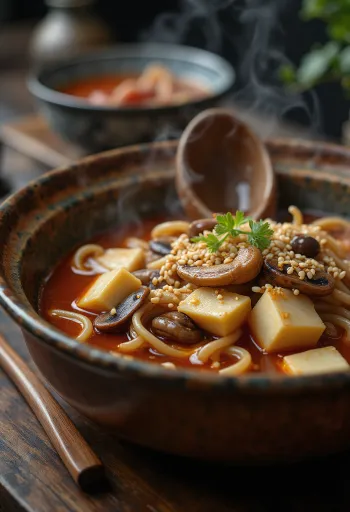 Miso nikomi udon podawane z tofu, grzybami i zieloną cebulką
