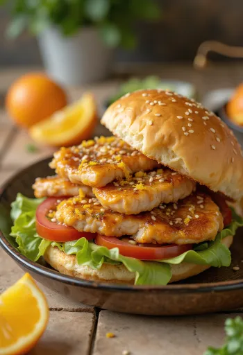 Burger pomarańczowo-sezamowy podany do stołu