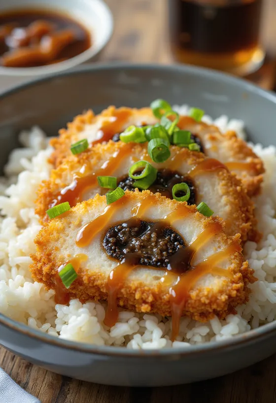 Katsudon z nadzieniem czosnkowym miso podawane na świeżo