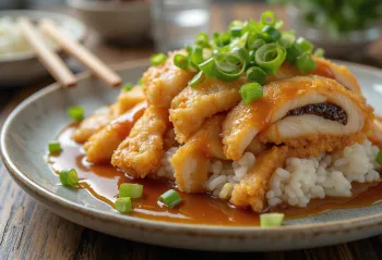 Katsudon z nadzieniem czosnkowym miso podawane na świeżo