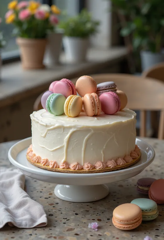 Tort dekorowany wielokolorowymi makaronikami