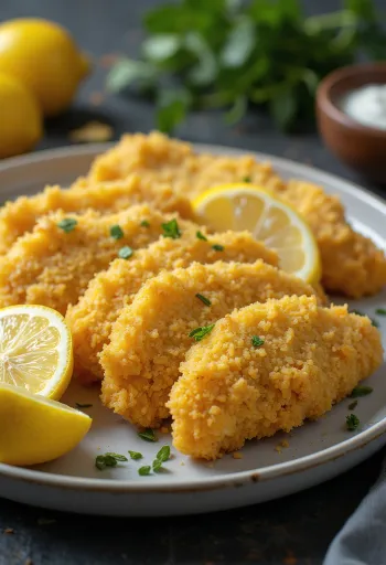 Milanesa z sokiem z cytryny, chrupiące panierowane mięso z kurczaka ze świeżym sokiem z cytryny i pietruszką