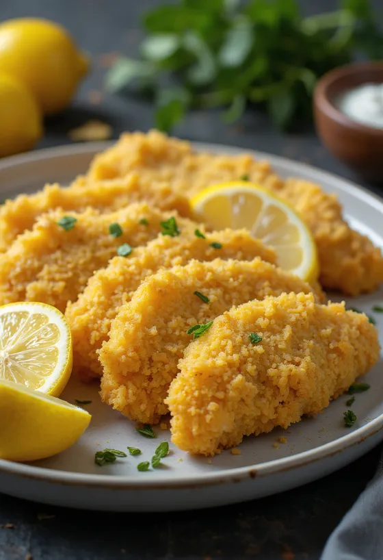 Milanesa z sokiem z cytryny, chrupiące panierowane mięso z kurczaka ze świeżym sokiem z cytryny i pietruszką
