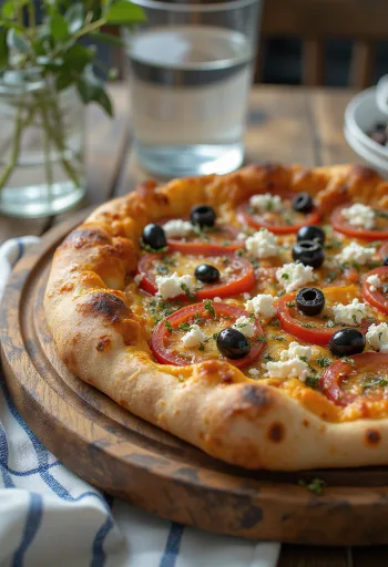 Pizza Greca z serem feta, czarnymi oliwkami i świeżymi pomidorami