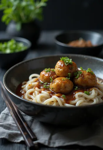 Klopsiki z makaronem ryżowym podane z sosem sojowym