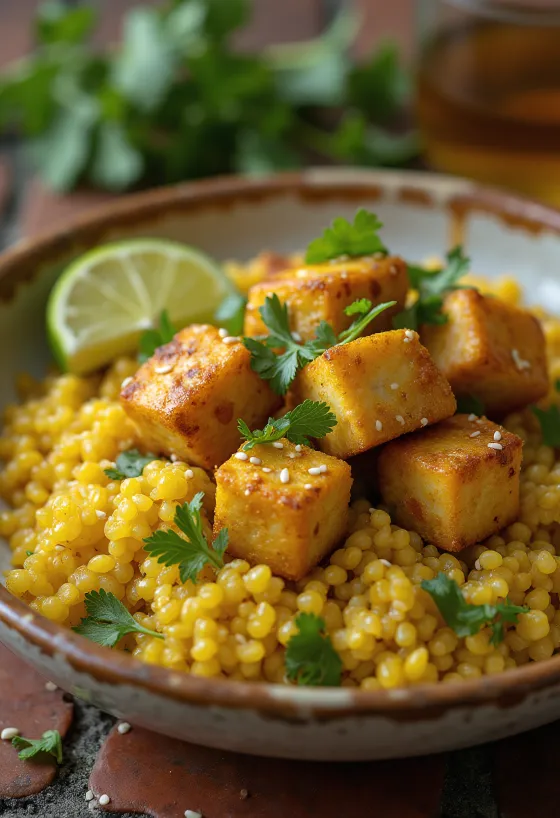 Limonkowe pieczone tofu na bazie curry z komosą ryżową