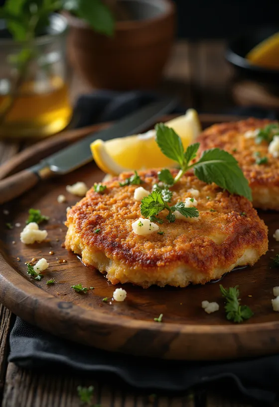 Milanesa z wołowiną, podana w chrupiącej panierce, udekorowana świeżą pietruszką