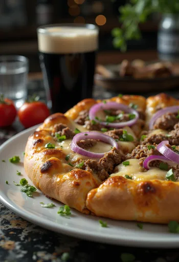 Irlandzka pizza z wołowiną podana na stół