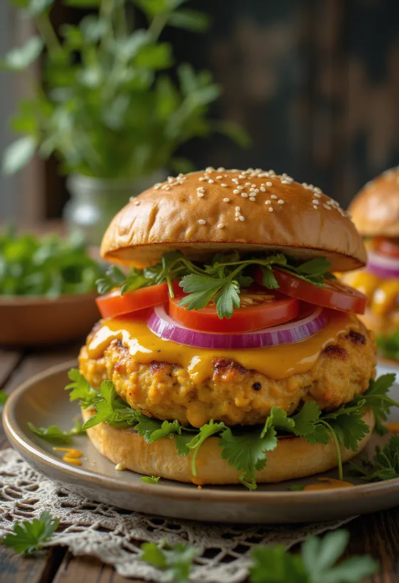 Pikantny burger curry podany do stołu