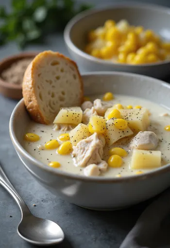 Kremowy chowder z kurczakiem podawany z warzywami i kukurydzą