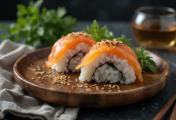 Omusubi z łososiem, świeżą kolendrą i czarnym sezamem
