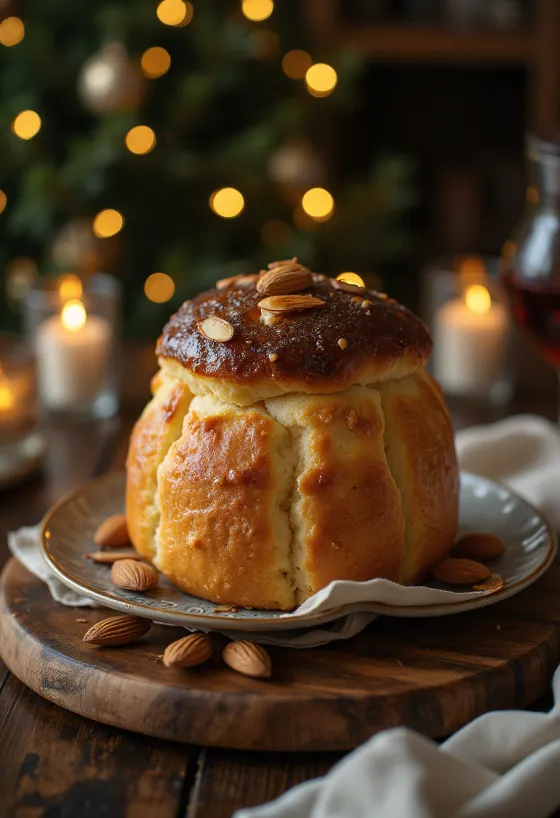 Pokrojone panettone posypane migdałami, upieczone na złocisty kolor, w świątecznej aranżacji