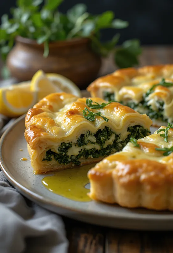 Spanakopita z oliwą z oliwek, złocistobrązowe, chrupiące ciasto z bogatym nadzieniem szpinakowym