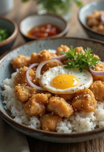 Oyakodon ze smażonym kurczakiem, podawany z jajkiem i ryżem
