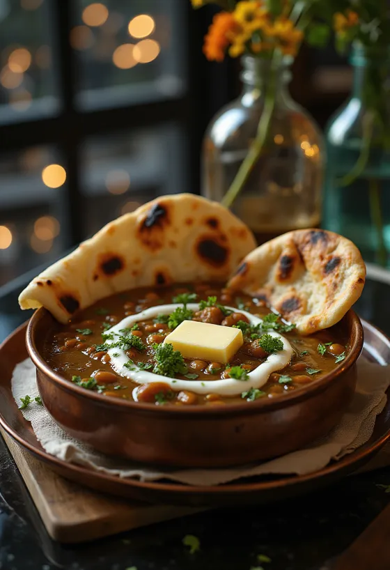 Dal Makhani, czarna soczewica z masłem, udekorowana świeżą kolendrą