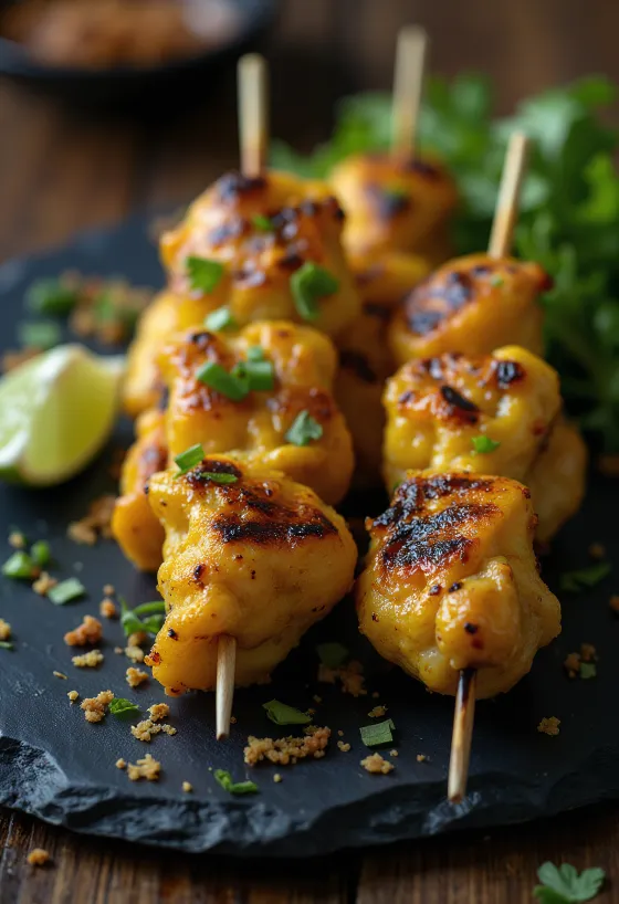 Pikantne satay, grillowane szaszłyki z kurczaka ze świeżymi warzywami