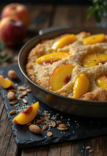 Tort makowo-brzoskwiniowy podany na stół