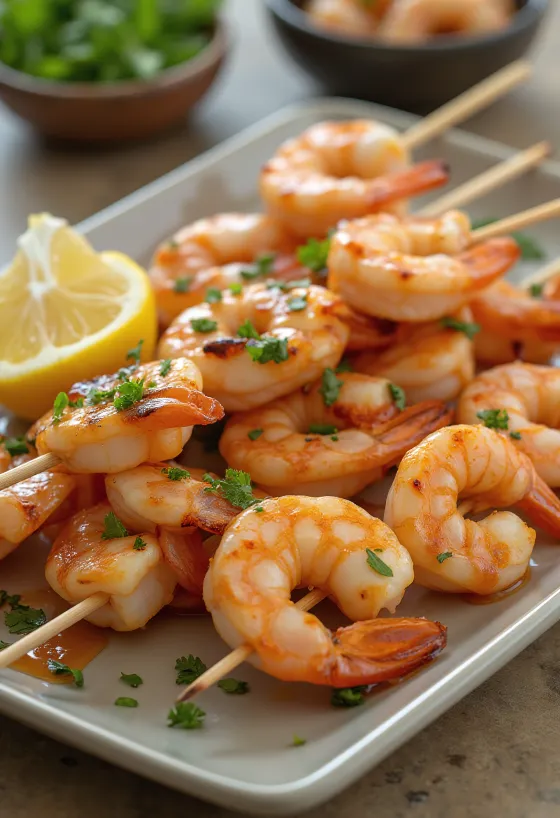 Satay z krewetek, grillowane krewetki na szaszłykach w towarzystwie świeżych warzyw