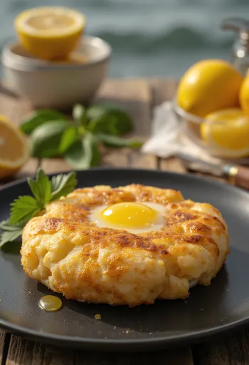 Saganaki z mąką pełnoziarnistą, ze złocistobrązową skórką, podane z cytryną