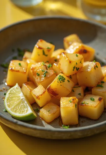 Pieczony daikon, podany ze świeżą pietruszką i sokiem z cytrusów