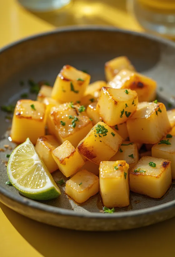 Pieczony daikon, podany ze świeżą pietruszką i sokiem z cytrusów
