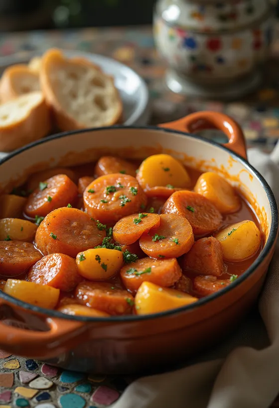 Paprykarz ziemniaczany z soczystymi kawałkami ziemniaków, wędzoną kiełbasą i posypany świeżą pietruszką